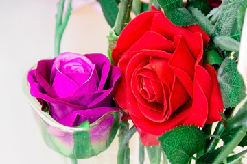 beautiful artificial red and purple roses in room