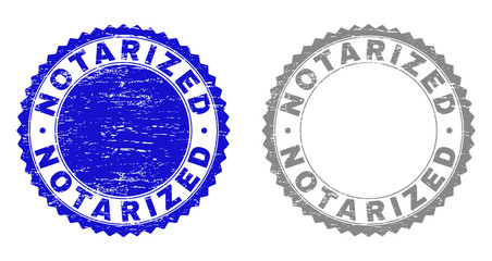 Grunge NOTARIZED stamp seals isolated on a white background. Rosette seals with grunge texture in blue and gray colors. Vector rubber stamp imitation of NOTARIZED label inside round rosette.