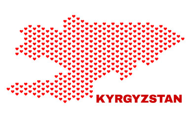 Mosaic Kyrgyzstan map of love hearts in red color isolated on a white background. Regular red heart pattern in shape of Kyrgyzstan map. Abstract design for Valentine decoration.