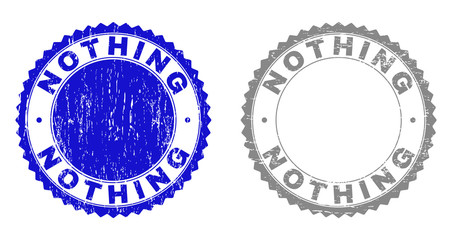 Grunge NOTHING stamp seals isolated on a white background. Rosette seals with grunge texture in blue and grey colors. Vector rubber stamp imitation of NOTHING label inside round rosette.