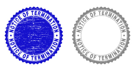 Grunge NOTICE OF TERMINATION stamp seals isolated on a white background. Rosette seals with grunge texture in blue and grey colors.