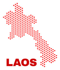 Obraz premium Mosaic Laos map of heart hearts in red color isolated on a white background. Regular red heart pattern in shape of Laos map. Abstract design for Valentine decoration.