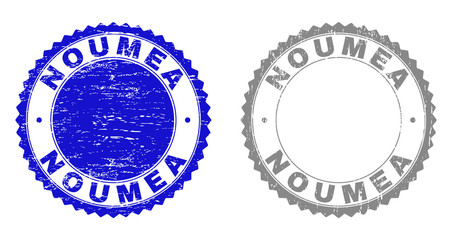 Grunge NOUMEA watermarks isolated on a white background. Rosette seals with grunge texture in blue and gray colors. Vector rubber stamp imprint of NOUMEA caption inside round rosette.