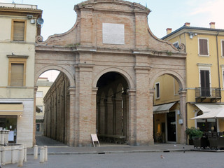 Ancient fish market on the square Cavour, Rimini, Italy. Young artists exhibit their works here.