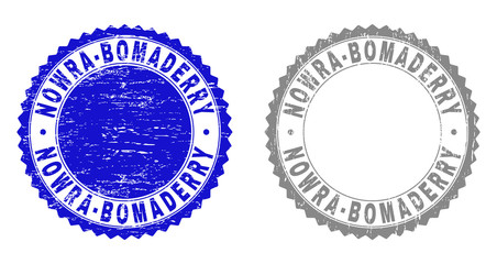 Grunge NOWRA-BOMADERRY stamp seals isolated on a white background. Rosette seals with distress texture in blue and gray colors.