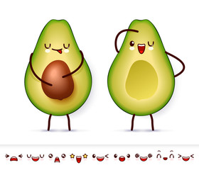 Two halve happy avocado with cute Kawaii faces. Collection of emoticon emoji. Cartoon avocado kawaii character isolated on white background. Vector
