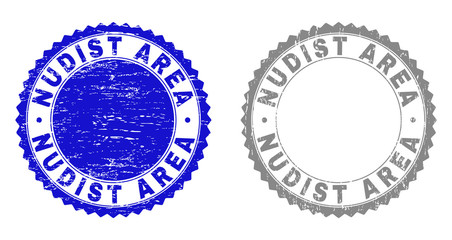 Grunge NUDIST AREA stamp seals isolated on a white background. Rosette seals with grunge texture in blue and gray colors. Vector rubber stamp imprint of NUDIST AREA caption inside round rosette.