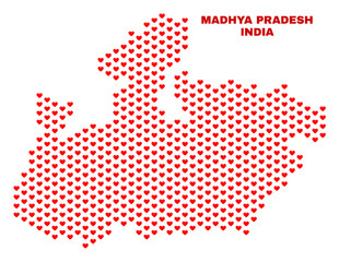 Mosaic Madhya Pradesh State map of love hearts in red color isolated on a white background. Regular red heart pattern in shape of Madhya Pradesh State map. Abstract design for Valentine decoration.