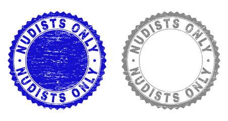 Grunge NUDISTS ONLY stamp seals isolated on a white background. Rosette seals with distress texture in blue and gray colors. Vector rubber stamp imprint of NUDISTS ONLY title inside round rosette.