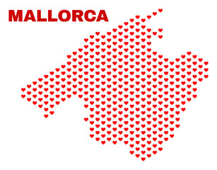 Fototapeta premium Mosaic Mallorca map of valentine hearts in red color isolated on a white background. Regular red heart pattern in shape of Mallorca map. Abstract design for Valentine illustrations.