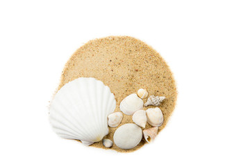 Round splash of sand, decorated with various seashells isolated on white, overhead studio shot. Tropical beach holiday destination design background concept.