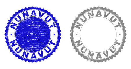 Grunge NUNAVUT stamp seals isolated on a white background. Rosette seals with distress texture in blue and gray colors. Vector rubber watermark of NUNAVUT caption inside round rosette.