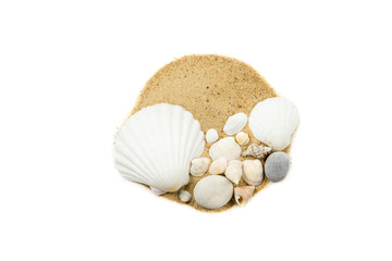 Round splash of sand, decorated with various seashells isolated on white, overhead studio shot. Tropical beach holiday destination design background concept.