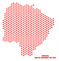Mosaic Mato Grosso do Sul State map of valentine hearts in red color isolated on a white background. Regular red heart pattern in shape of Mato Grosso do Sul State map.