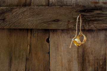 Wedding rings hanging on wooden wall