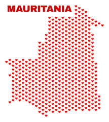 Mosaic Mauritania map of heart hearts in red color isolated on a white background. Regular red heart pattern in shape of Mauritania map. Abstract design for Valentine decoration.