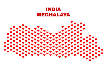 Mosaic Meghalaya State map of love hearts in red color isolated on a white background. Regular red heart pattern in shape of Meghalaya State map. Abstract design for Valentine illustrations.