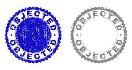 Grunge OBJECTED stamp seals isolated on a white background. Rosette seals with grunge texture in blue and gray colors. Vector rubber overlay of OBJECTED tag inside round rosette.