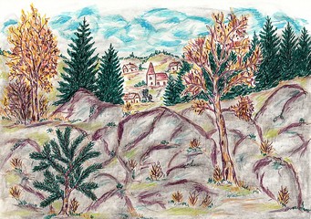 Hand drawn multicolor illustration with nature theme (landscape with forest, stones and cottages) - scan