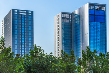 modern office building with green trees.