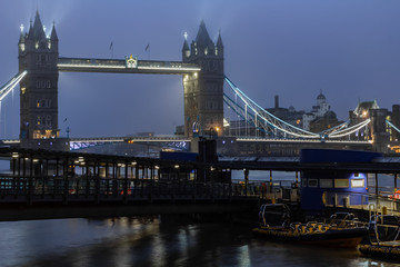 Tower Bridge and the river Thames panoramic view. London at night.
