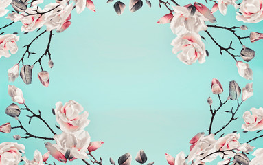 Fototapeta na wymiar Magnolia pink blossom flowers frame at light blue turquoise background. Floral border. Pattern of branch with flowers. Spring template or layout. Pastel color