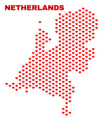Fototapeta na wymiar Mosaic Netherlands map of love hearts in red color isolated on a white background. Regular red heart pattern in shape of Netherlands map. Abstract design for Valentine decoration.