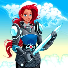  Vrouwelijke ridder houdt het zwaard in haar handen. vector illustratie © ddraw