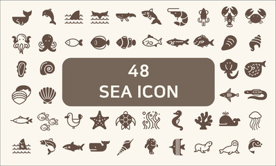 Set of 48 sea life and ocean Vector Icons.solid style.  Contains such Icons as Nautical Creatures , sea food, sea, ocean, fish, coral, sea horse, seaweed, turtle And Other Elements.