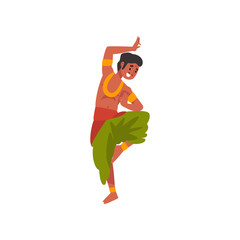 Young Indian Man Performing Folk Dance in Traditional Clothes Vector Illustration