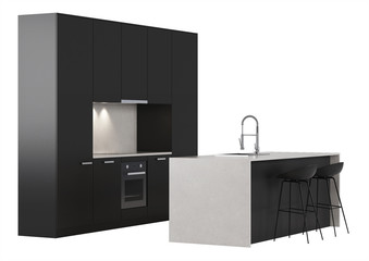 Black kitchen on a white background. 3D rendering.