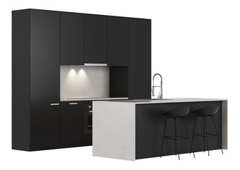 Black kitchen on a white background. 3D rendering.