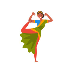 Indian Dancer in Traditional Sari, Beautiful Young Woman Performing Dance Vector Illustration