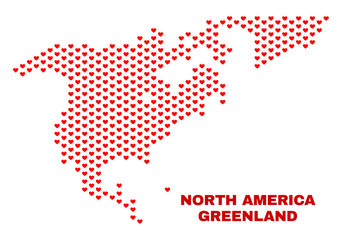 Mosaic North America and Greenland map of heart hearts in red color isolated on a white background. Regular red heart pattern in shape of North America and Greenland map.