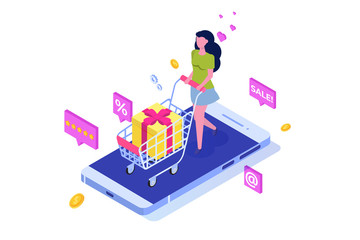 Online Shopping isometric concept with characters. Ecommerce retail on device. Vector illustration.