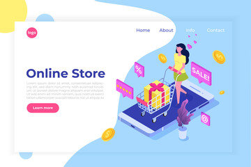 Online Shopping isometric concept with characters. Ecommerce retail on device. Vector illustration.