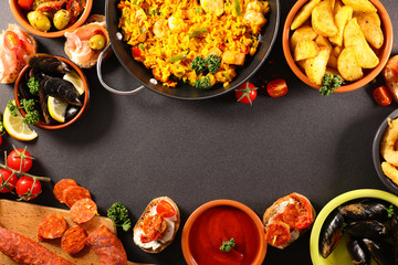 spain food assorted, tapas, mussel and paella
