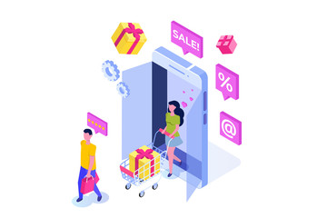 Online Shopping isometric concept with characters. Ecommerce retail on device. Vector illustration.