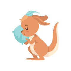 Cute Baby Kangaroo Sleeping with Pillow, Brown Wallaby Australian Animal Character Vector Illustration