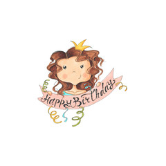 Brunette Hair Girl Isolated On A White Background Hand Drawn Happy Birthday Watercolor Illustration