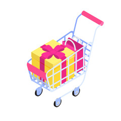 Shopping cart with gift box and bag isometric icon. Vector illustration.