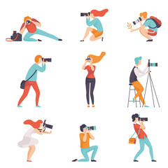Photographers Taking Photos Using Professional Equipment Set, Men and Women with Cameras Making Pictures Vector Illustration - obrazy, fototapety, plakaty