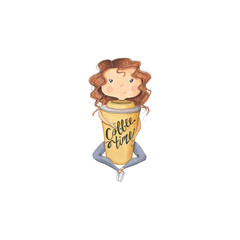 Girl Isolated on a White Background Coffee Time Hand Drawn Illustration