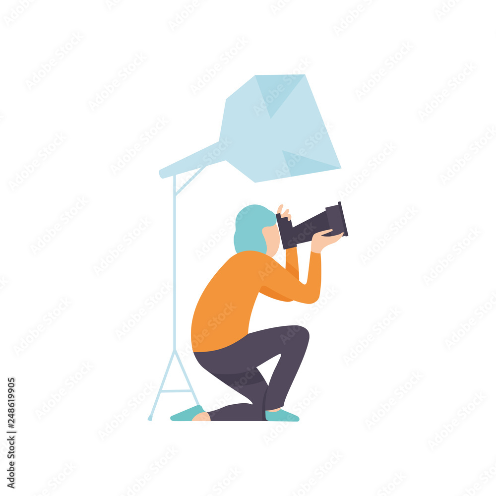 Poster Male Photographer Taking Photos Using Professional Equipment, Cameraman Character Making Pictures in Studio Vector Illustration