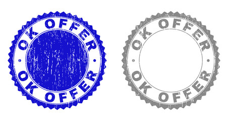 Grunge OK OFFER stamp seals isolated on a white background. Rosette seals with distress texture in blue and gray colors. Vector rubber stamp imitation of OK OFFER caption inside round rosette.