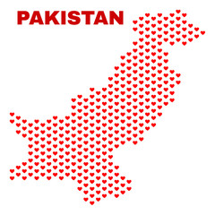 Mosaic Pakistan map of heart hearts in red color isolated on a white background. Regular red heart pattern in shape of Pakistan map. Abstract design for Valentine illustrations.