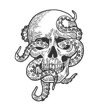Octopus in human skull engraving vector illustration. Scratch board style imitation. Black and white hand drawn image.