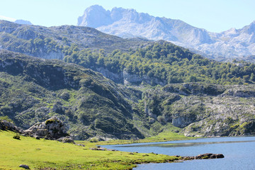Fototapeta na wymiar Panoramic view of Covadonga Lakes in Asturias, Spain