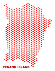 Mosaic Penang Island map of heart hearts in red color isolated on a white background. Regular red heart pattern in shape of Penang Island map. Abstract design for Valentine illustrations.