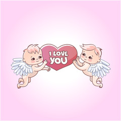 Obraz premium Angels babies stickers for gift on valentines day. Angels with hearts in their hands. Postcard and declaration of love